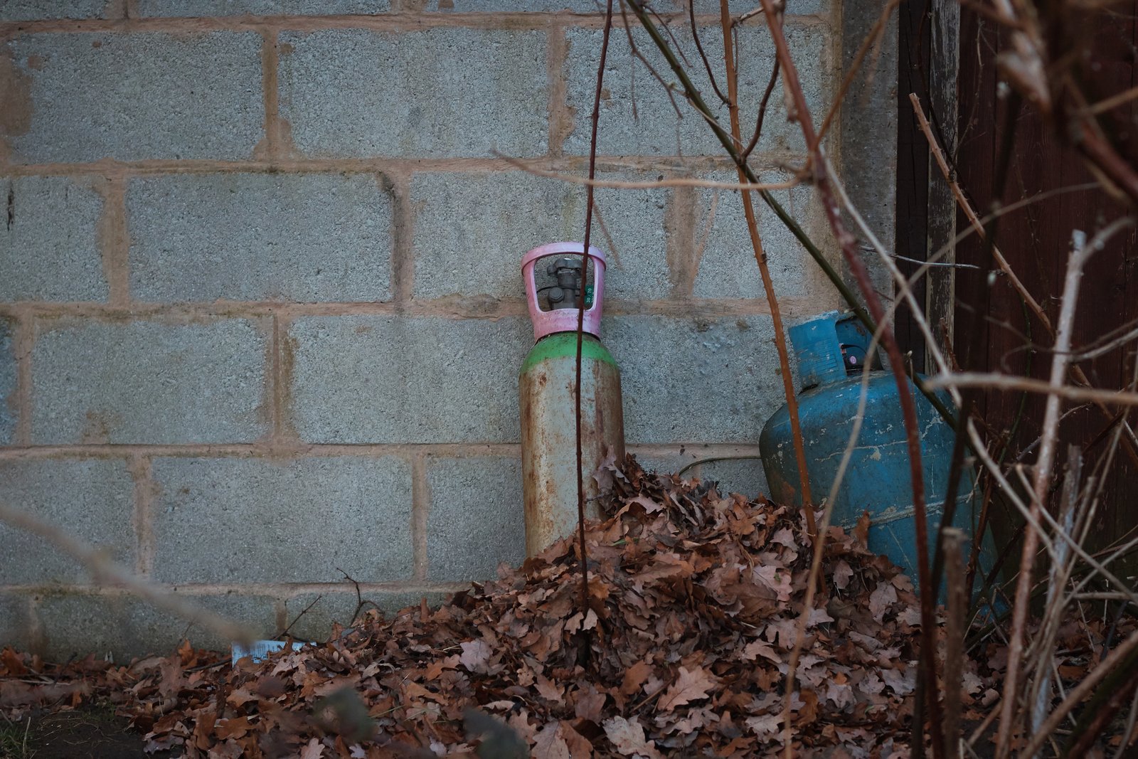 Old rusty gas cylinders on backyard in the leaves .